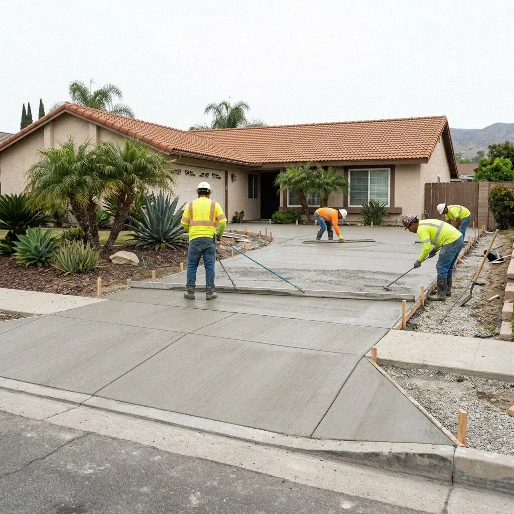 Anaheim crew screeding a fresh concrete slab on a driveway