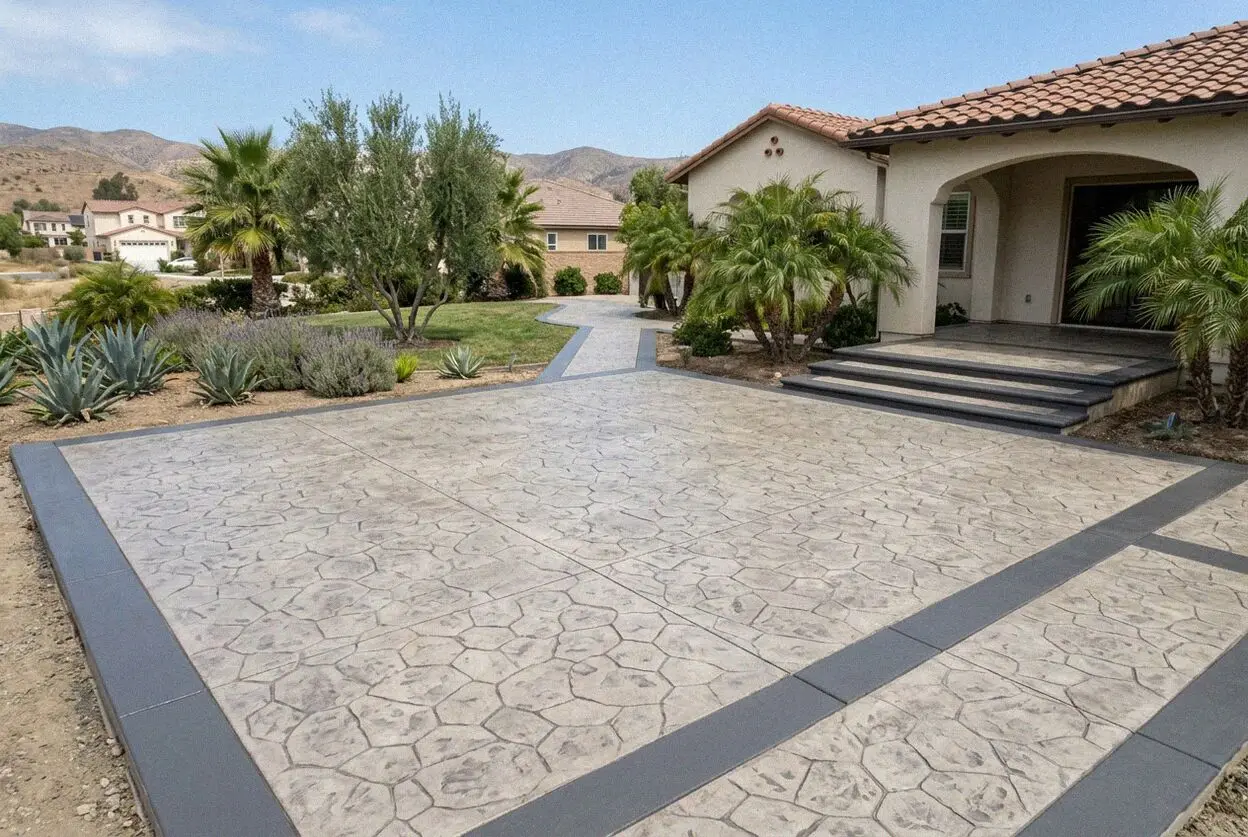 Stamped concrete deck laid around a pool in Yorba Linda