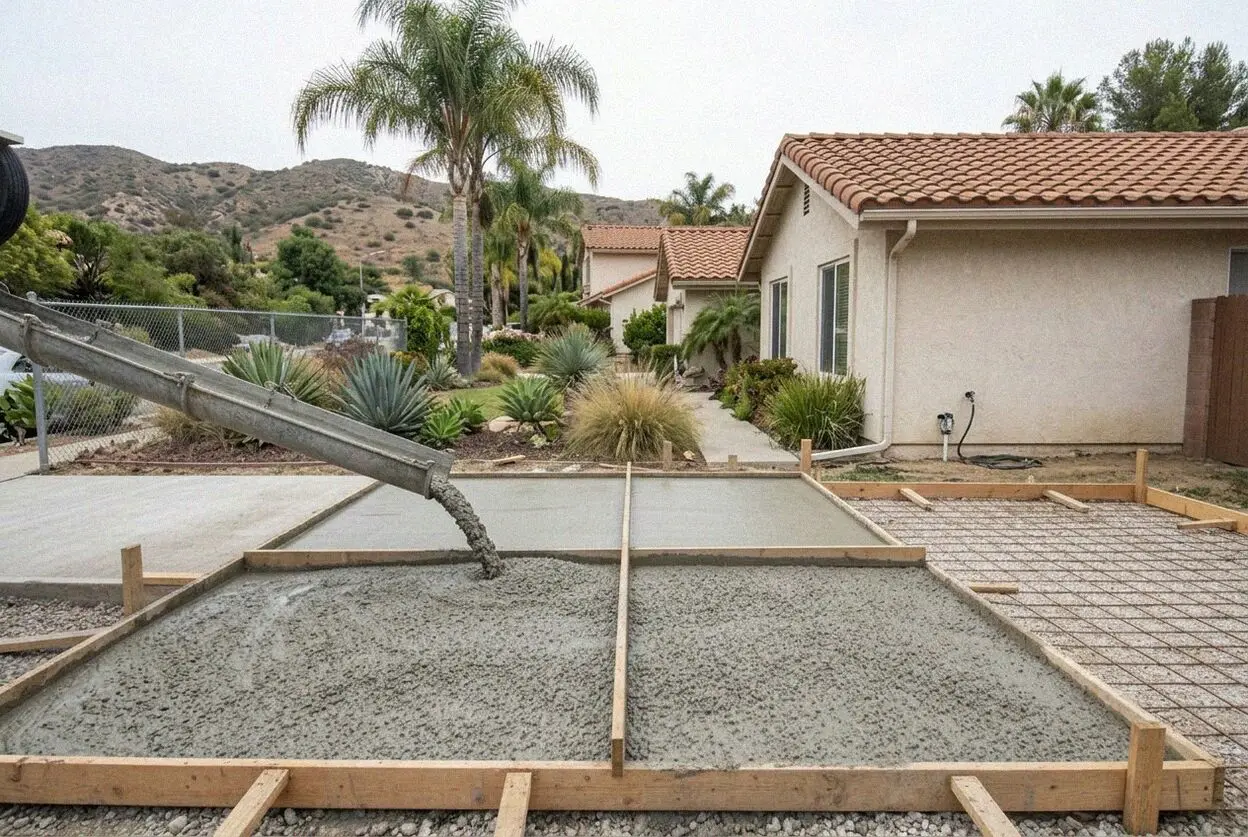 A widened concrete driveway at a 1950s ranch house in Buena Park, CA