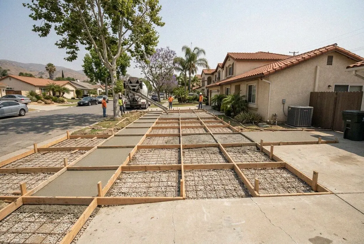 New driveway, walk and patio poured together at a 1970s Cerritos home