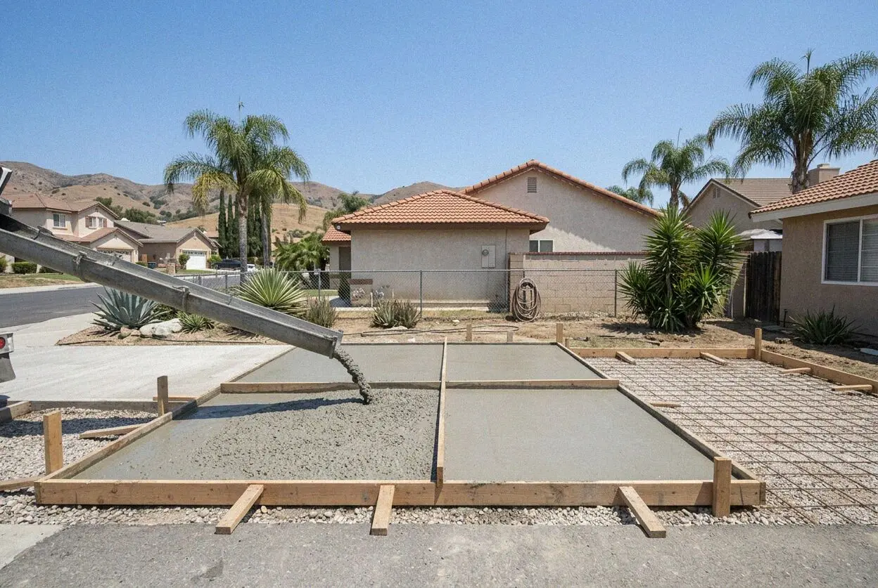 A new concrete patio on a graded hillside pad in Chino Hills, CA