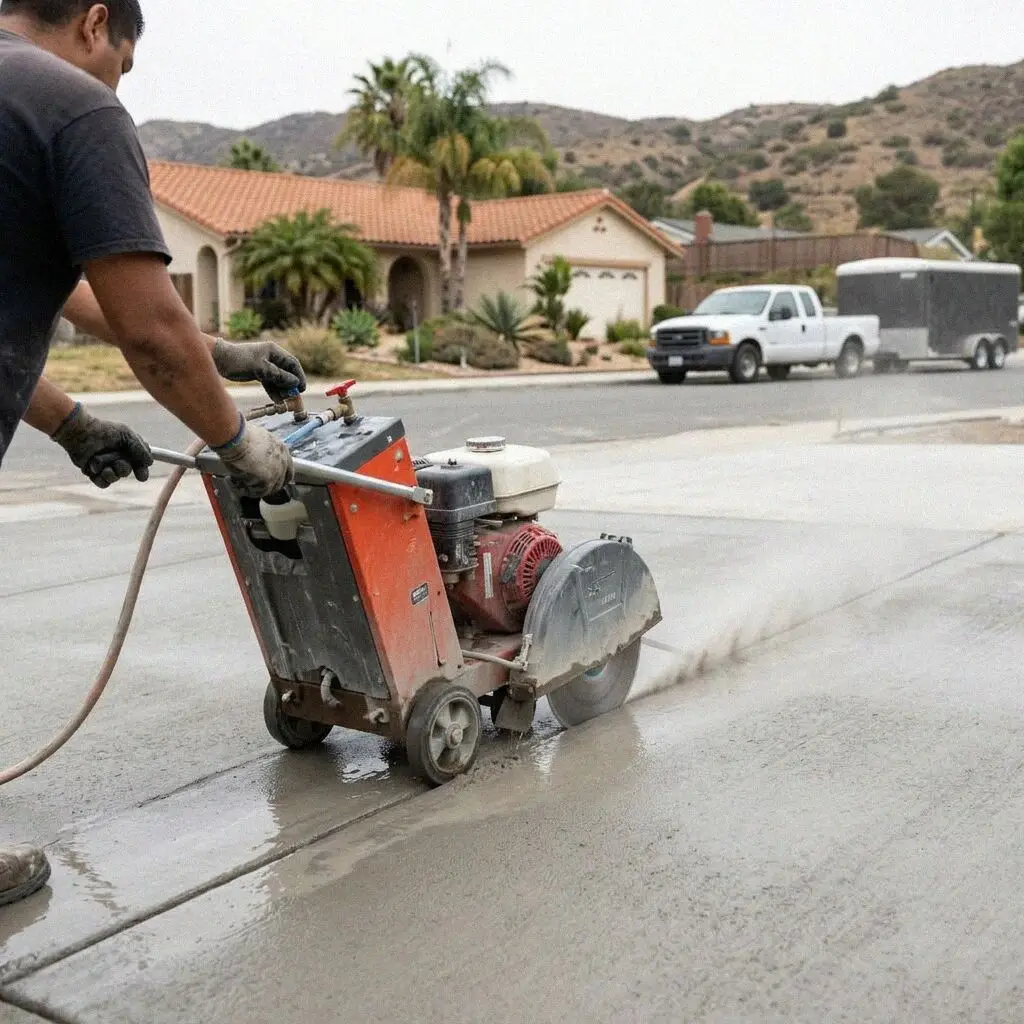 Hands guiding a wet diamond saw along a chalk line on an Anaheim slab