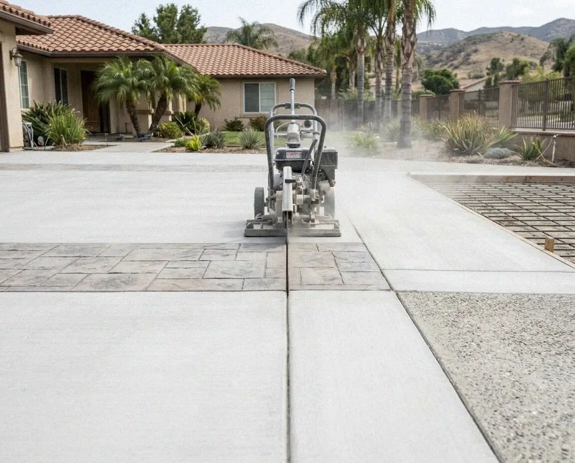 Walk-behind saw part-way down a cut across a slab at an Anaheim, CA home