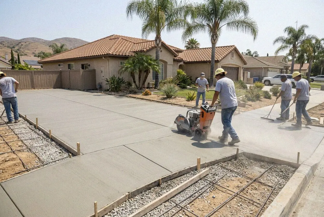 Walk-behind saw cutting a straight line across a garage slab in Anaheim, CA