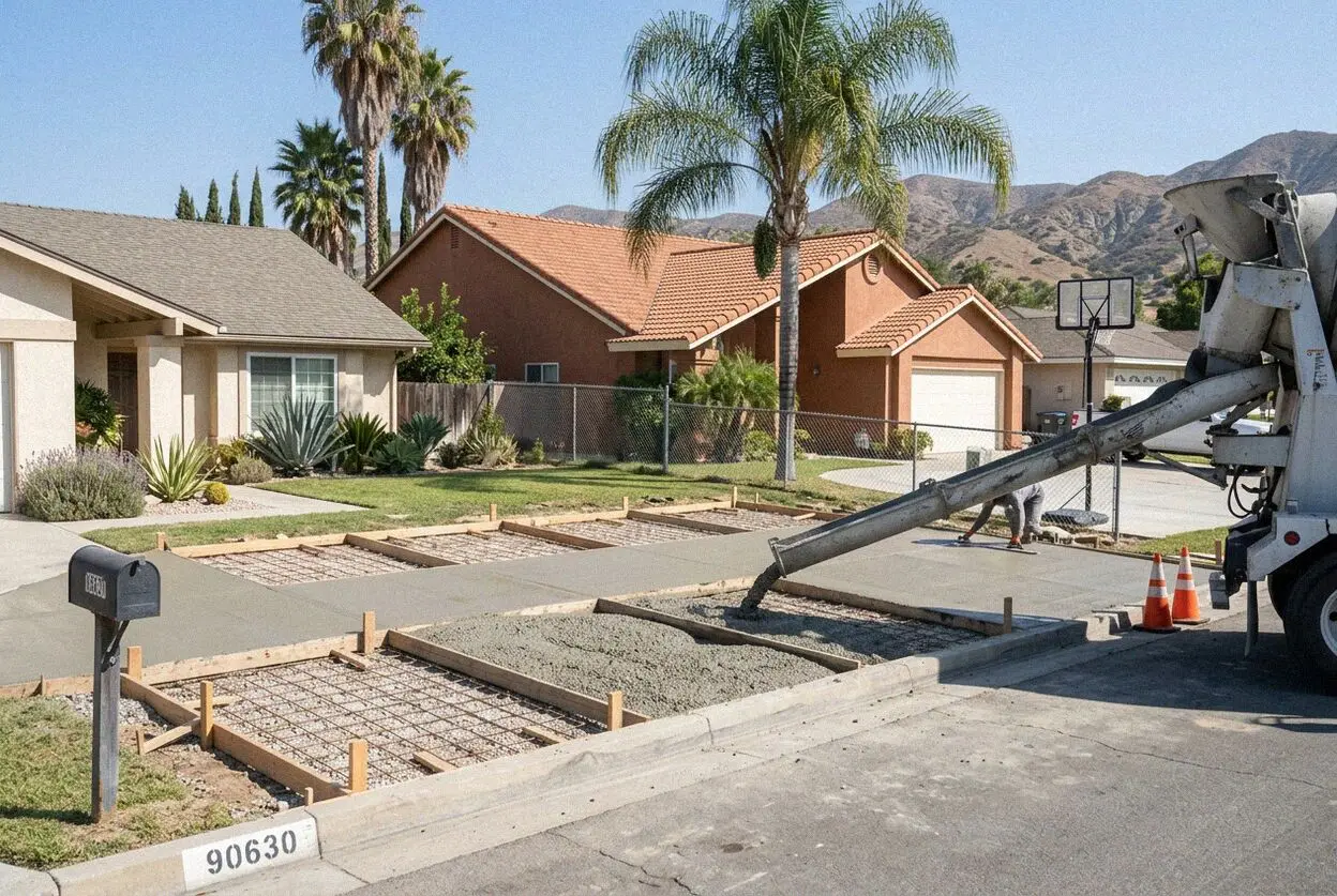 A new broom-finished driveway at a 1960s tract house in Cypress, CA