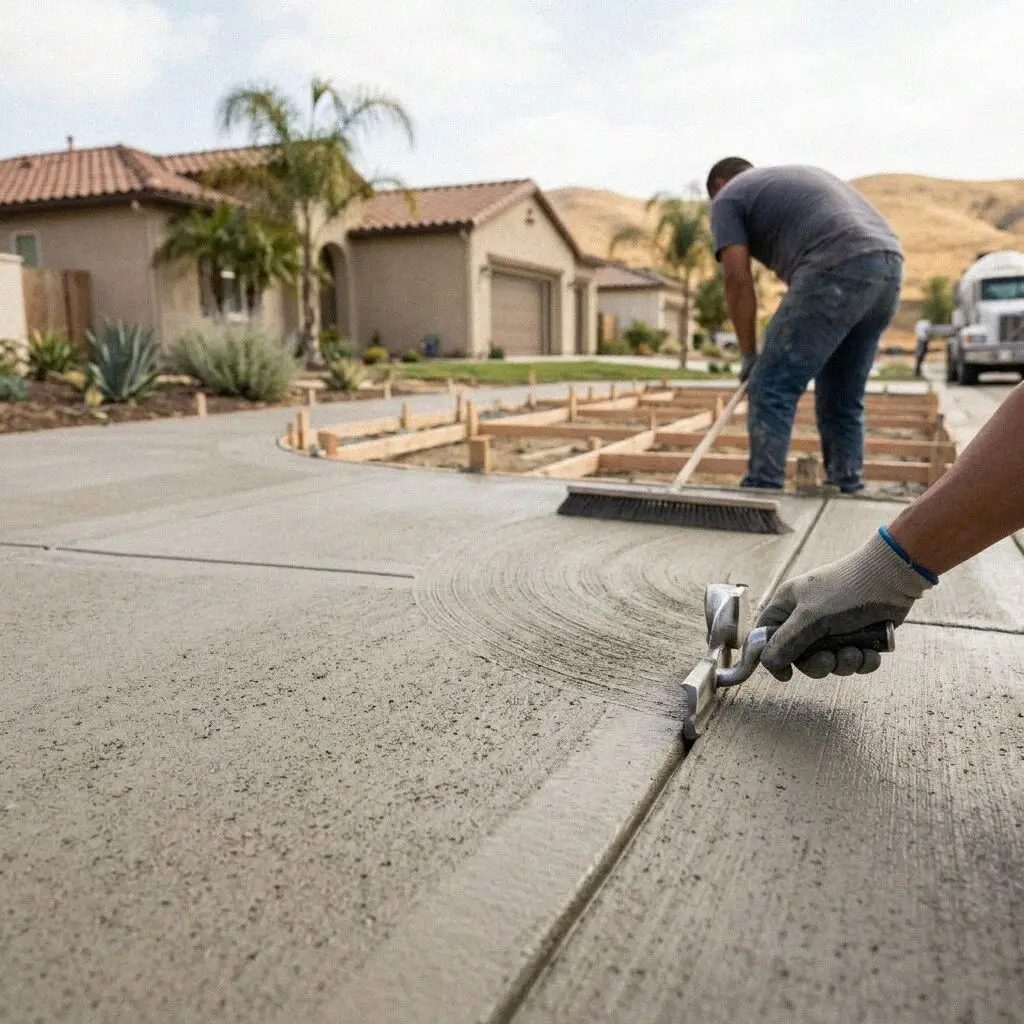 Crew placing a new concrete driveway at a house in Anaheim, CA
