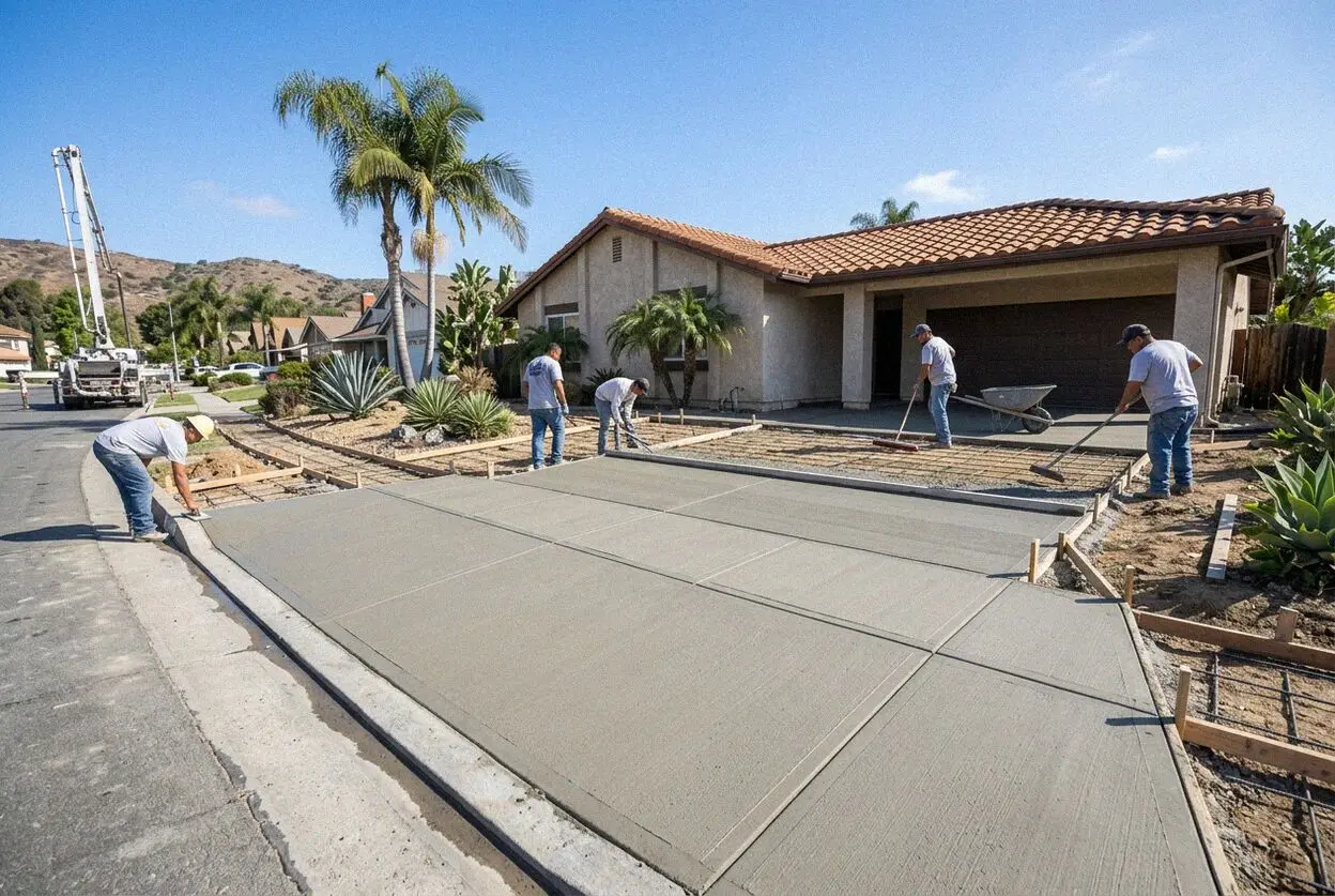 New concrete driveway running to an attached garage on an Anaheim frontage