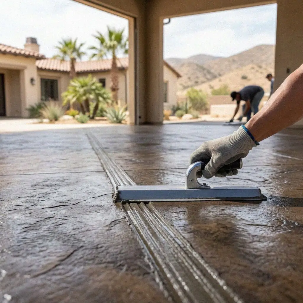 Hands guiding a power trowel across a fresh interior floor in Anaheim