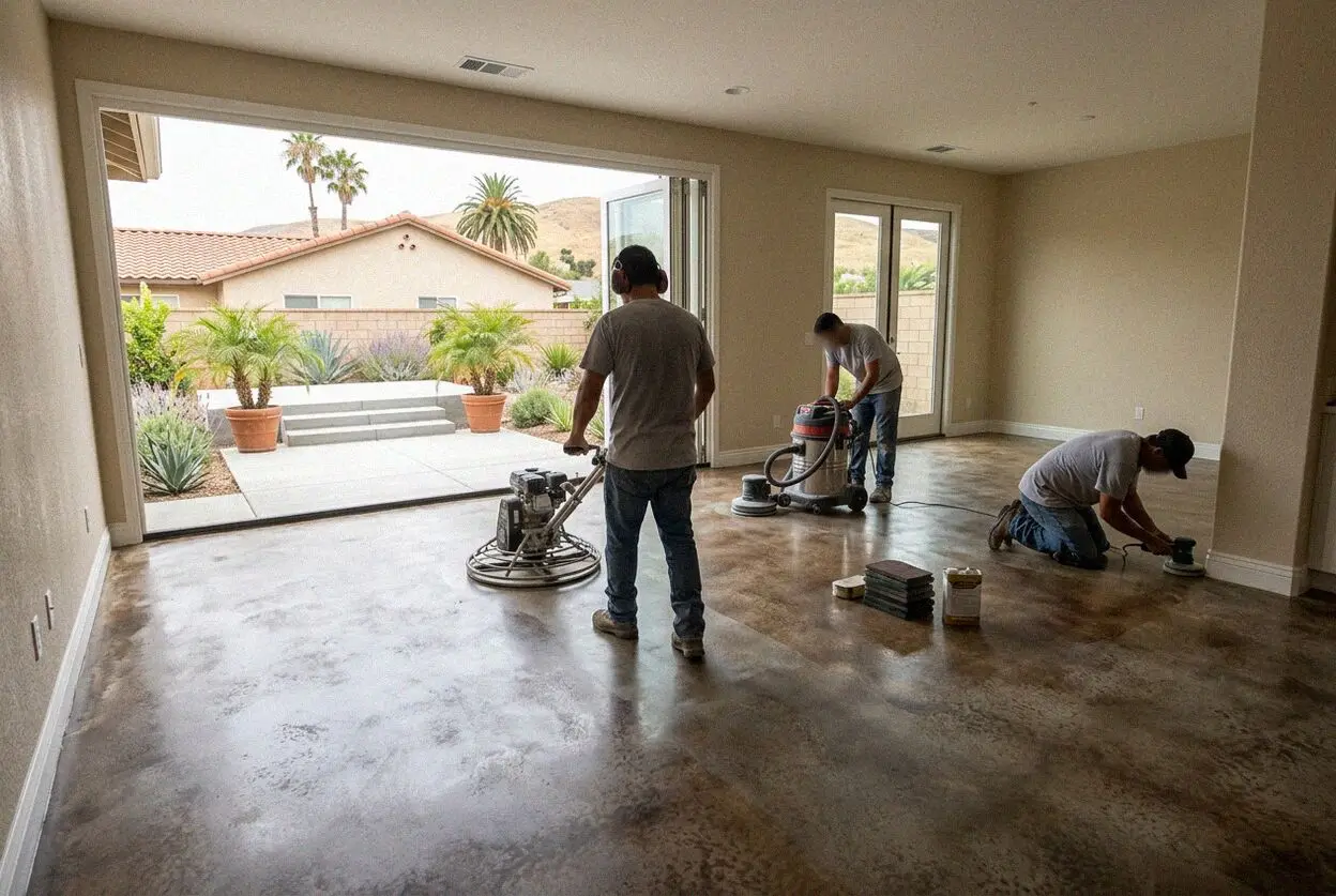 Crew troweling a new interior concrete floor inside an Anaheim, CA home