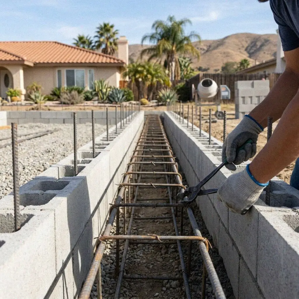 Hands tying rebar in an open footing trench at an Anaheim home addition