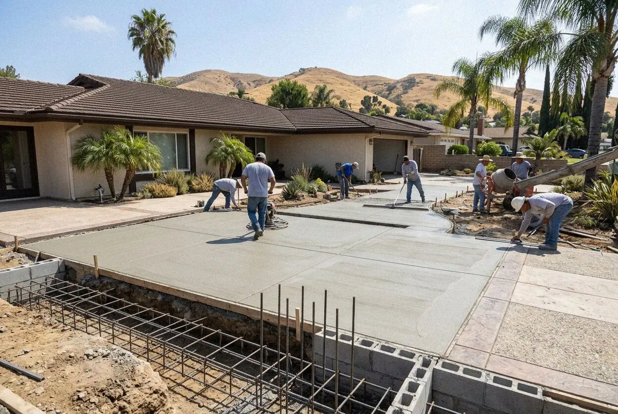 Footing trench with a tied rebar cage being set at an Anaheim, CA home