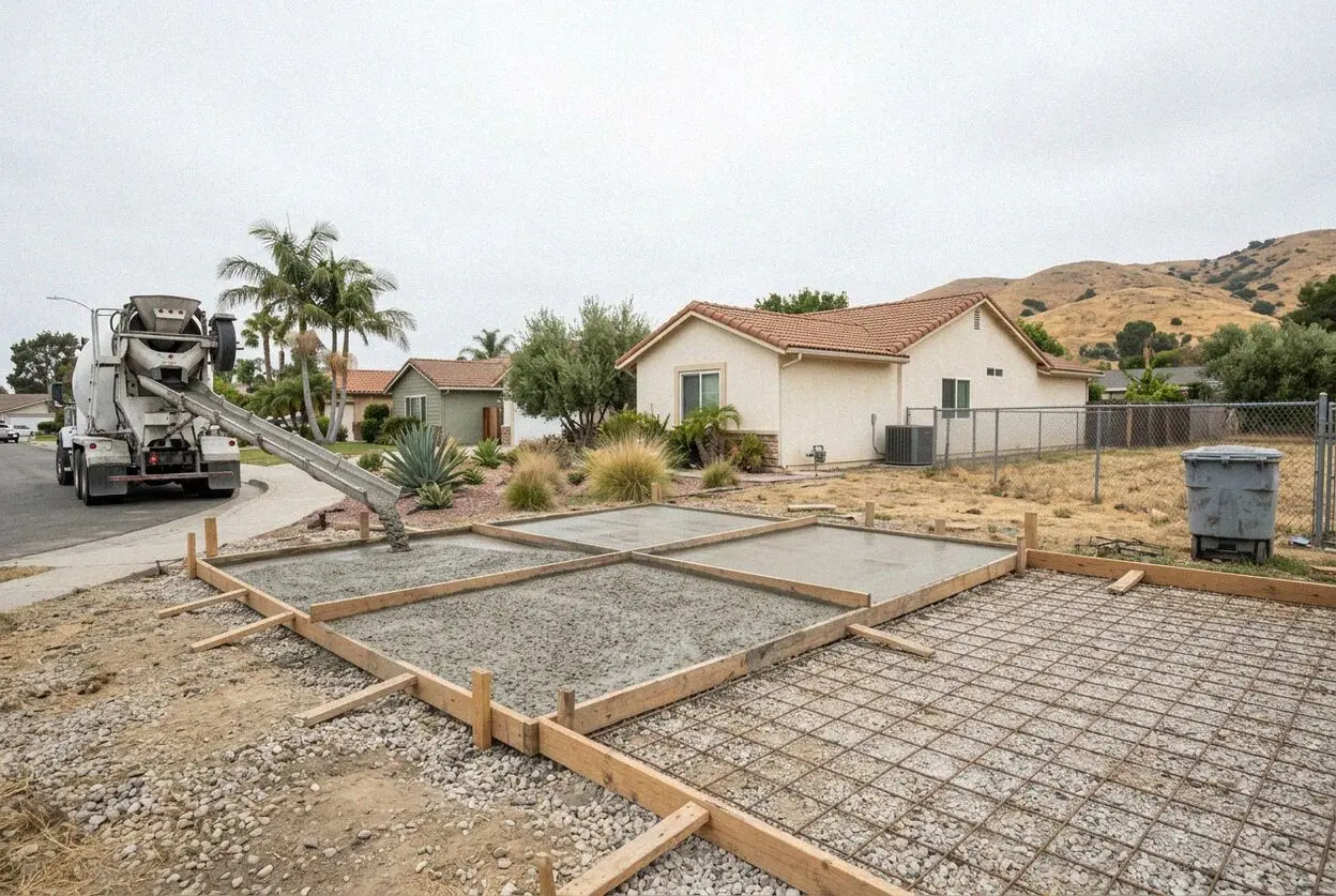 A new concrete driveway on a flat 1960s tract street in Fountain Valley