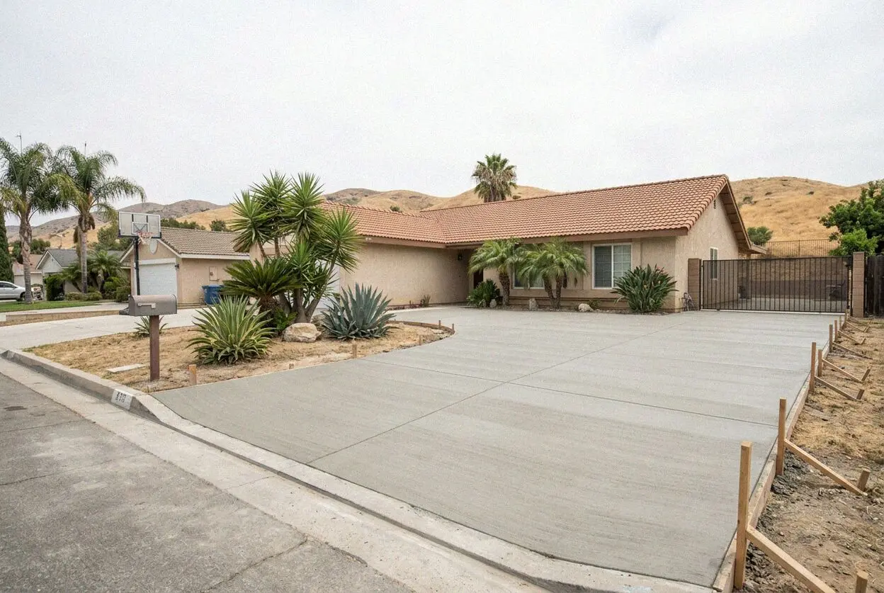 A stepped concrete driveway on a sloping lot at a 1950s La Mirada house