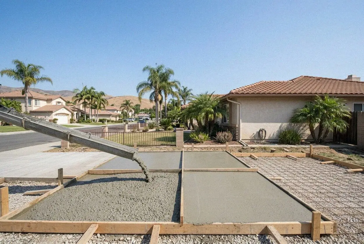 A driveway re-poured beside the neighbor's at a 1960s house in La Palma