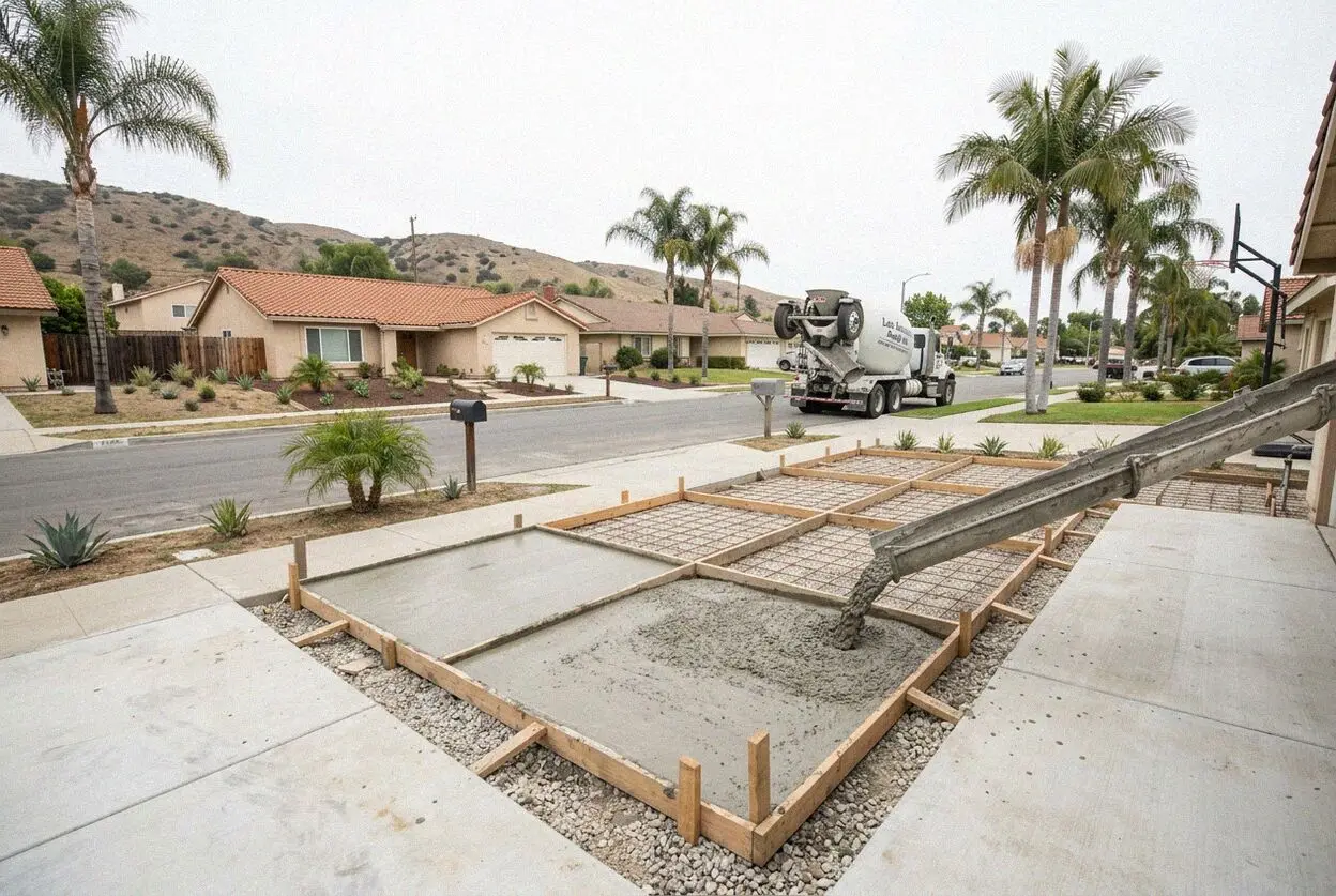 A new broom finished pool deck behind a 1960s ranch house in Los Alamitos