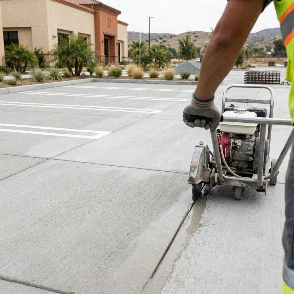 Hands cutting a control joint into a new parking lot slab in Anaheim