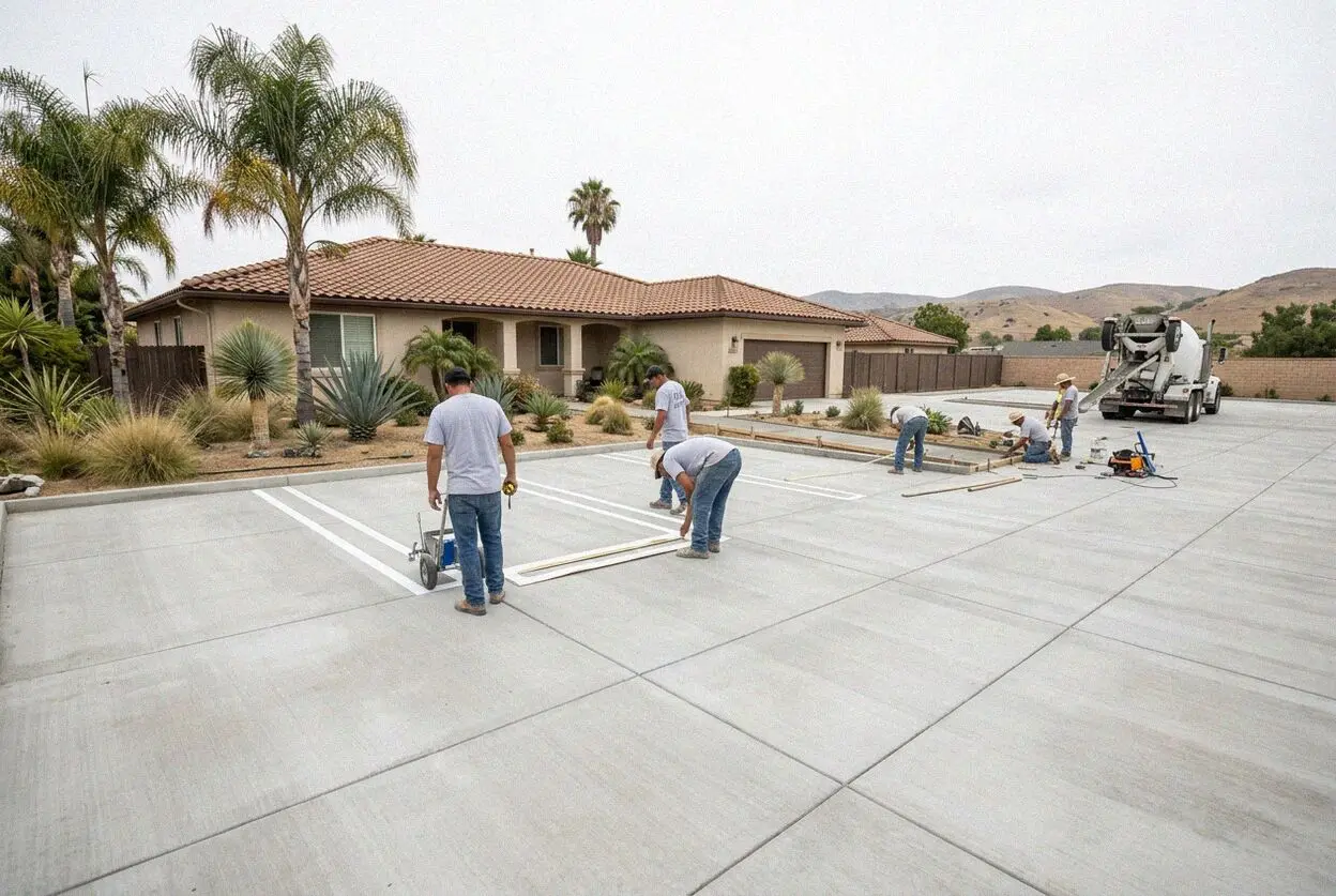 Concrete crew screeding a fresh parking lot aisle at an Anaheim, CA business