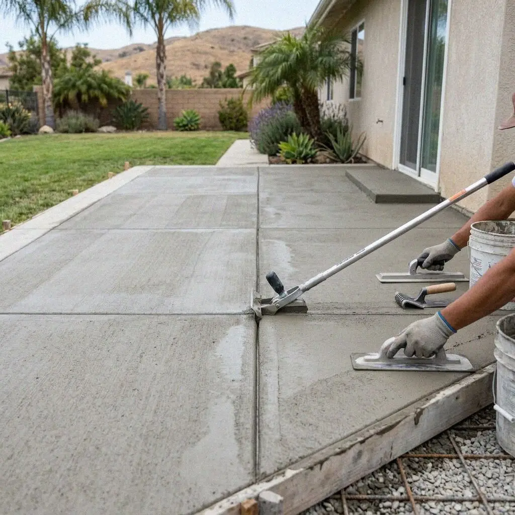 Crew floating a fresh rear patio slab at a home in Anaheim, CA