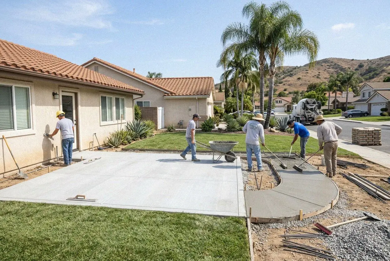 Broom-finished concrete patio behind a family home in Anaheim, CA