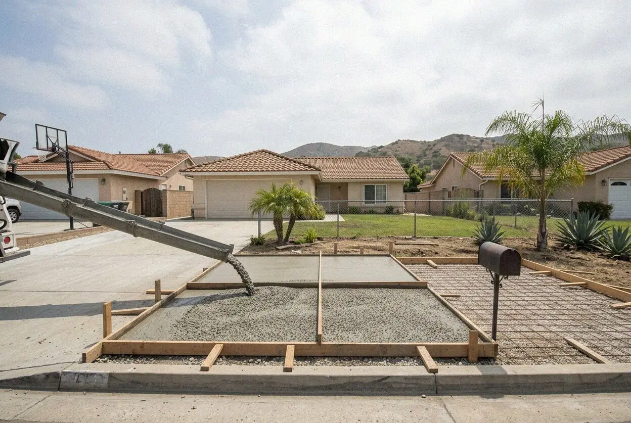 A new patio poured around a mature orange tree behind a Placentia house