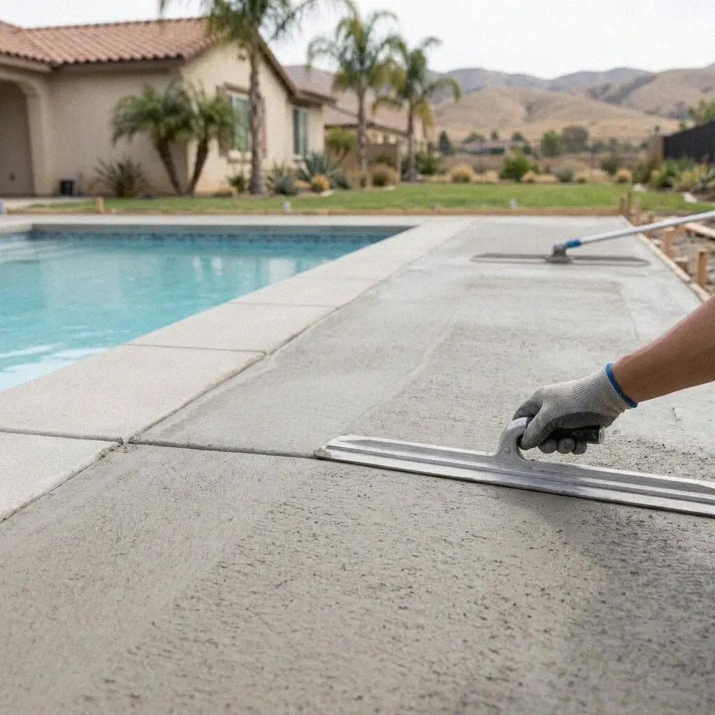 Hands tooling the edge of a fresh pool deck slab at the coping, Anaheim