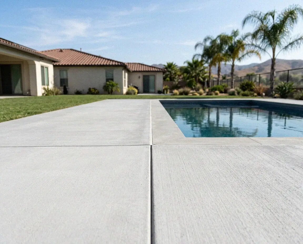 New broom-finished concrete pool deck wrapping an Anaheim backyard pool