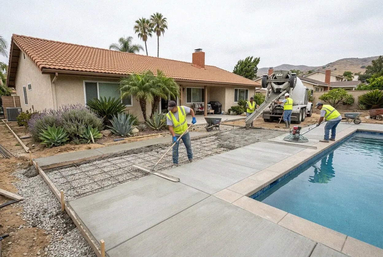 Crew placing a new concrete pool deck around an in-ground pool in Anaheim, CA