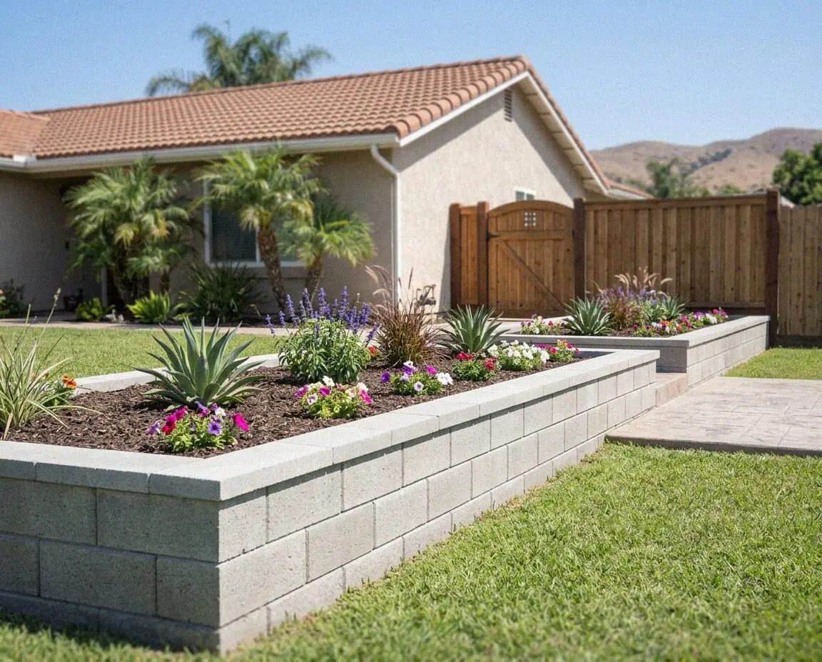 Finished poured concrete retaining wall along an Anaheim back garden