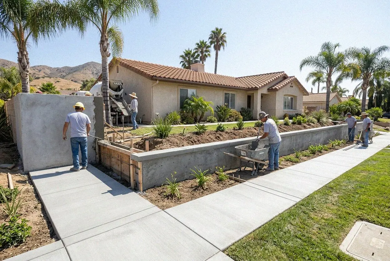 Poured concrete retaining wall holding a cut bank behind an Anaheim home