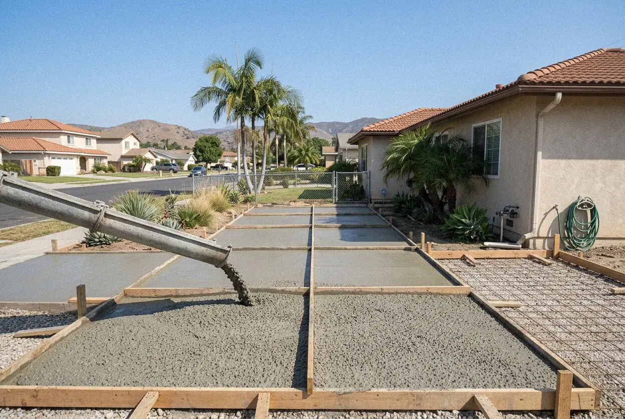 A crew replacing a short concrete driveway at a 1950s house in Stanton