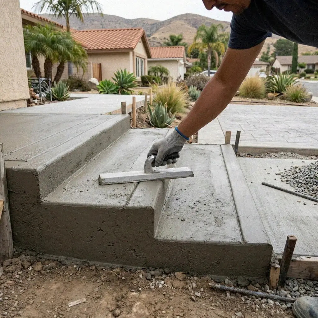 Hands striking off a fresh concrete tread between step forms in Anaheim