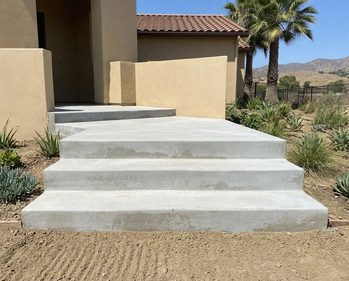 Newly cast concrete entry steps at the front door of an Anaheim home