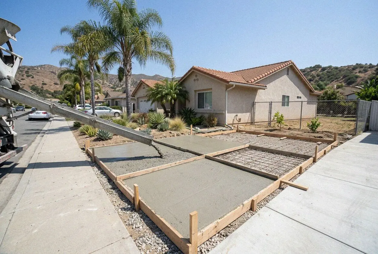 A long driveway poured to the street edge at a ranch house in Villa Park