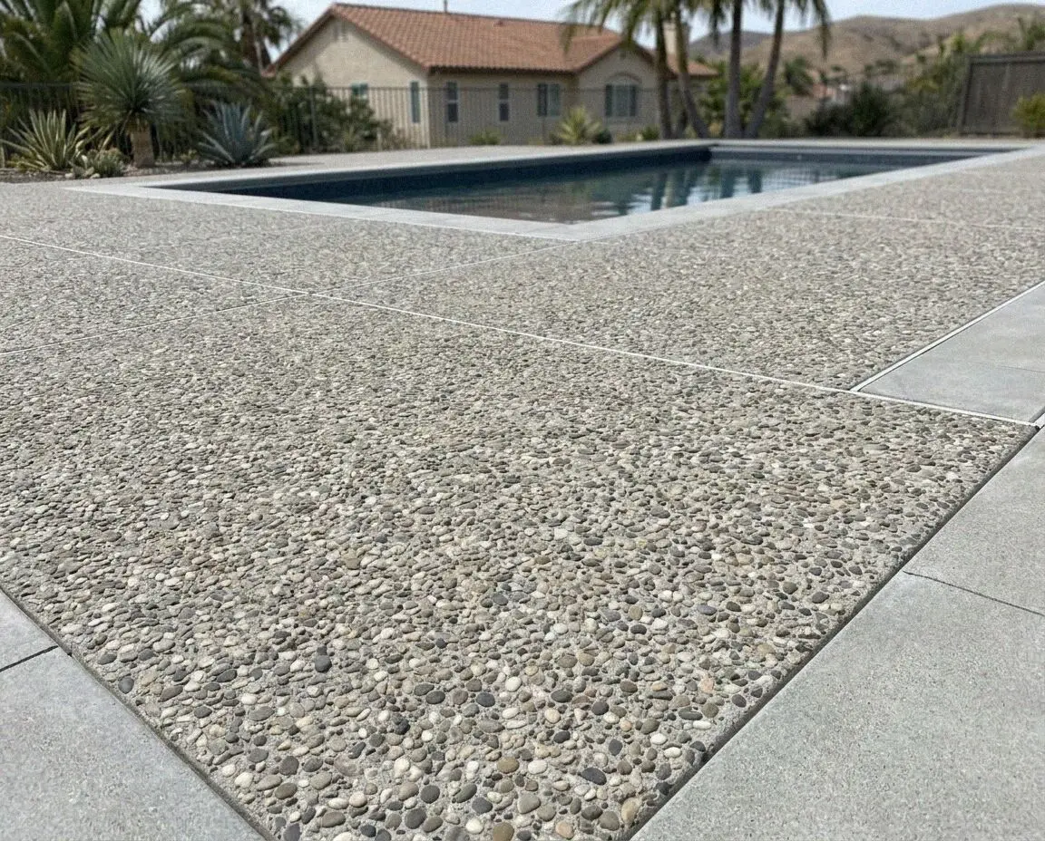 Exposed aggregate walk with a smooth banded border at an Anaheim home