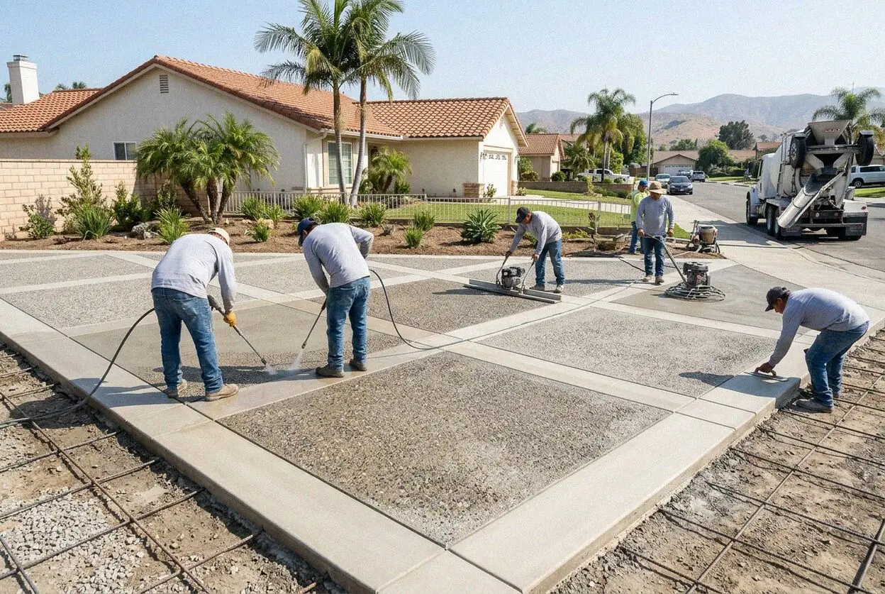 Crew washing stone proud of a fresh exposed aggregate walk in Anaheim, CA