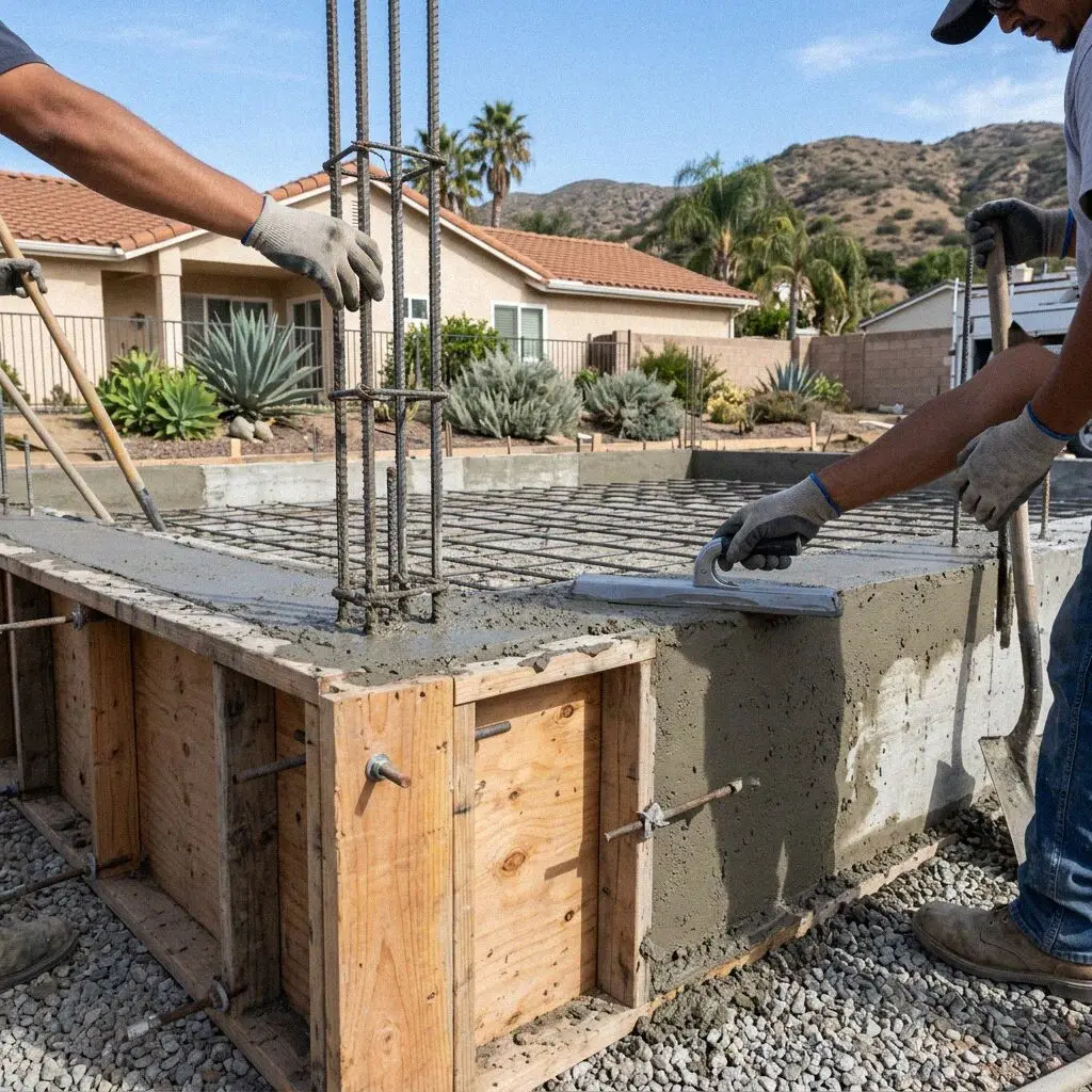 Hands setting an anchor bolt in a fresh stem wall on an Anaheim lot