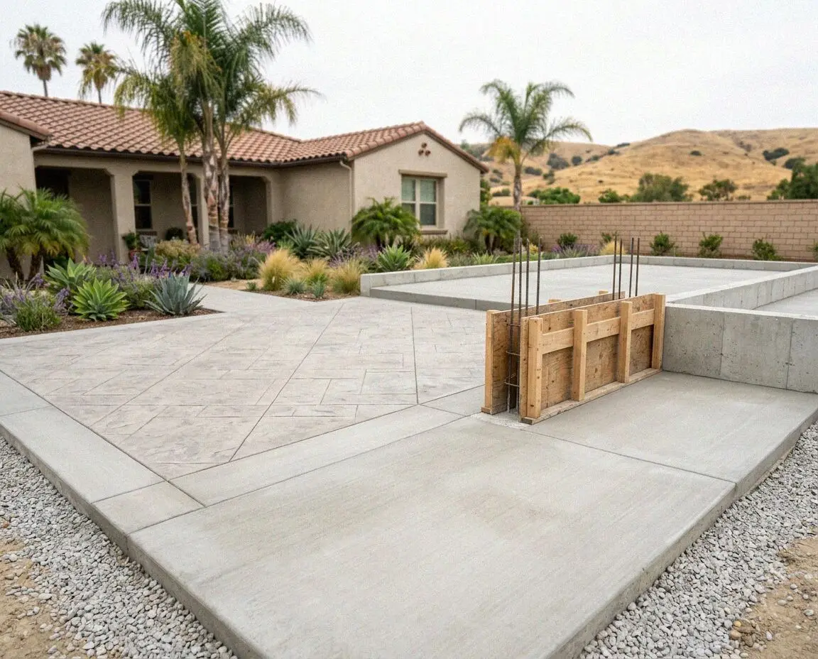 Poured stem walls with vertical rebar standing on a cleared Anaheim lot