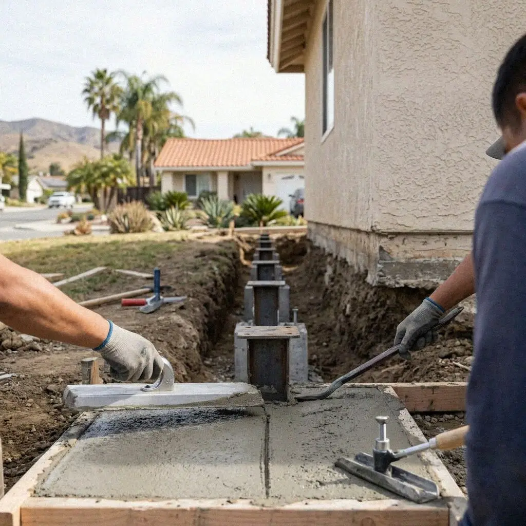 Hands bolting a steel bracket to a bared footing under an Anaheim house