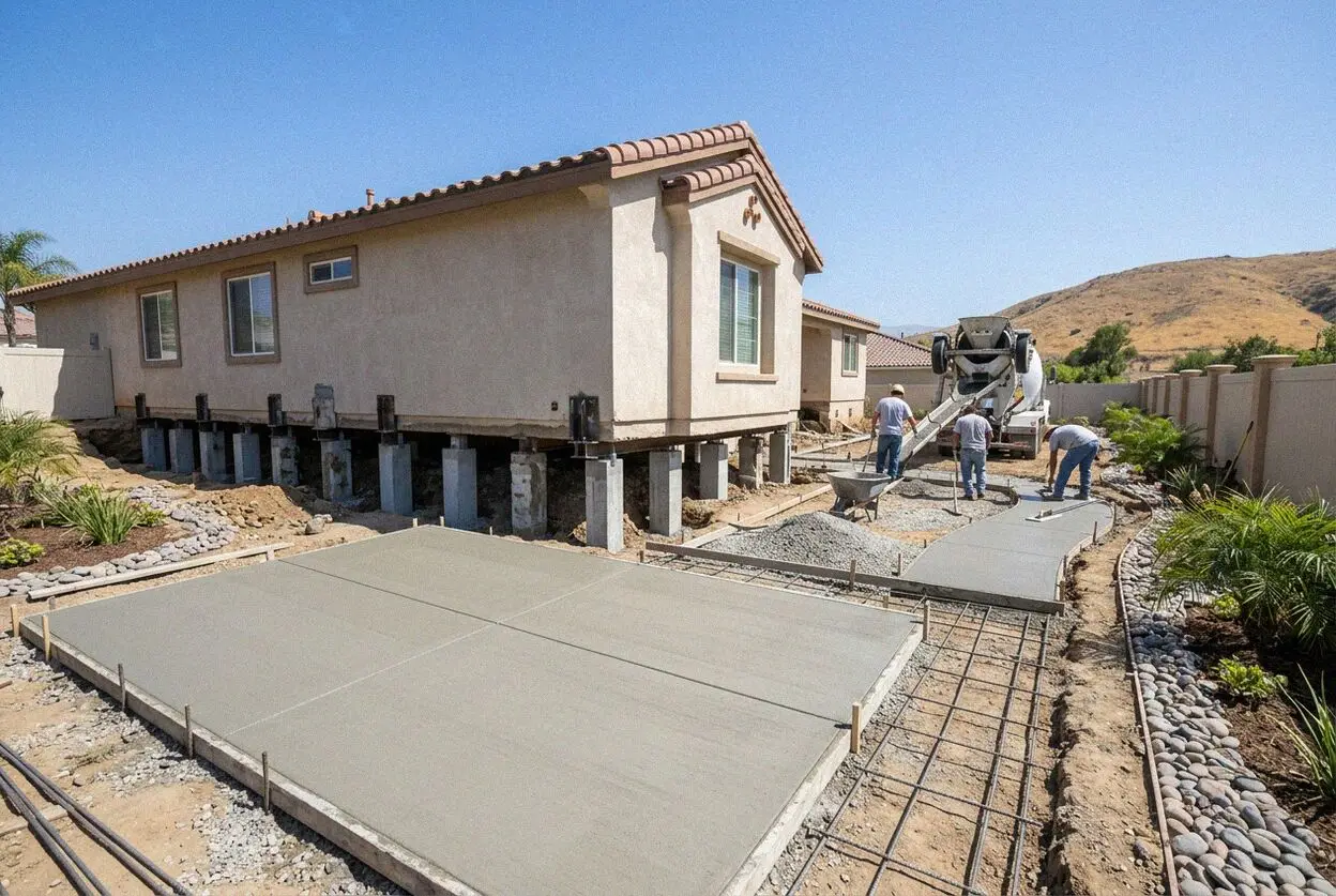 House corner in Anaheim, CA carried on steel piers, soil dug away beneath it