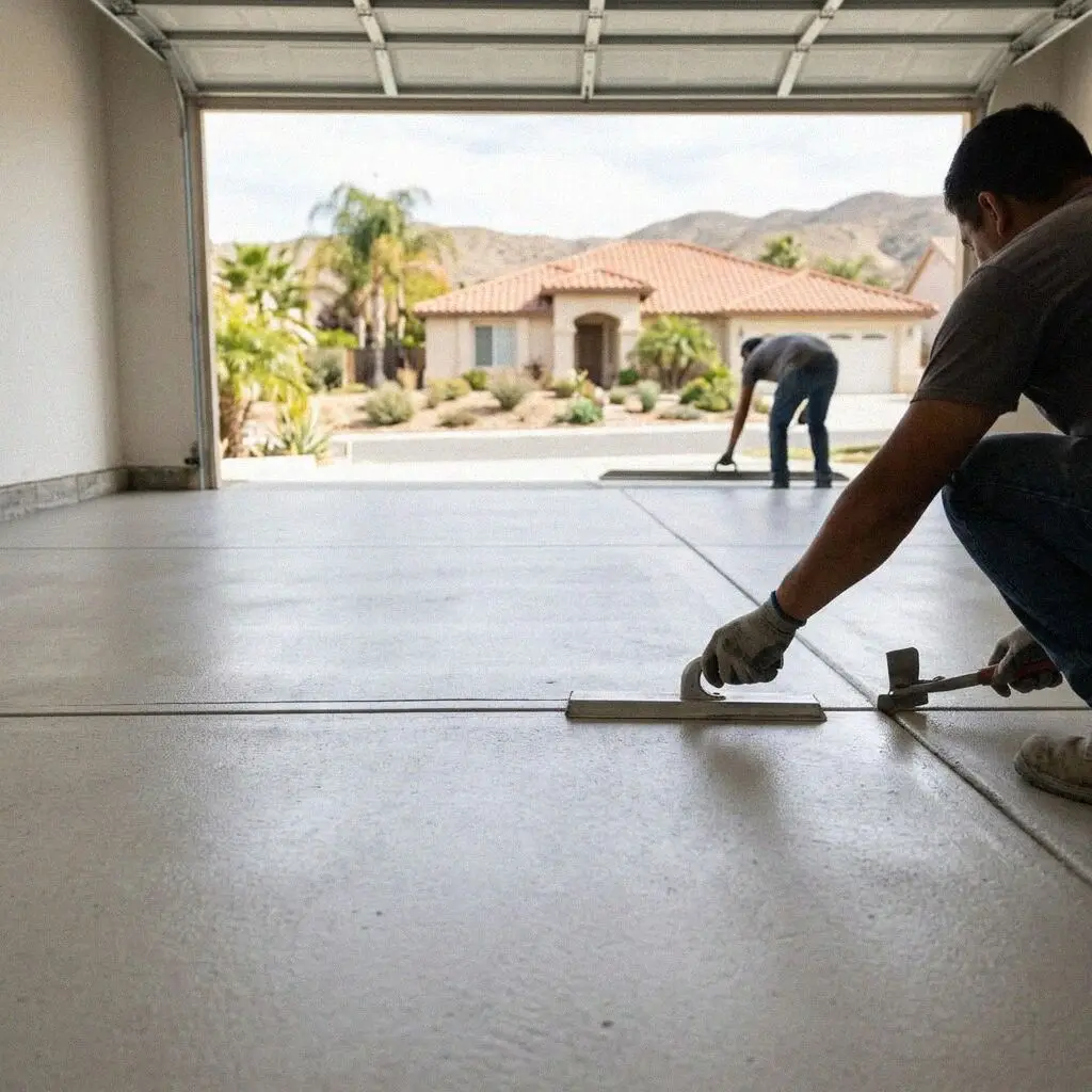Hands taping the lapped joint of a vapor barrier sheet in a garage