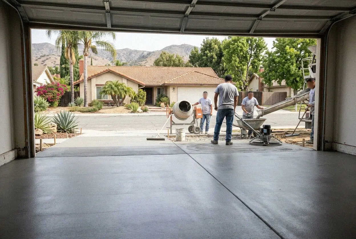 A garage floor being poured inside an attached bay in Anaheim, CA