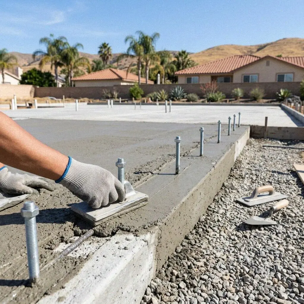 Hands tying rebar over the vapor barrier of an Anaheim slab foundation