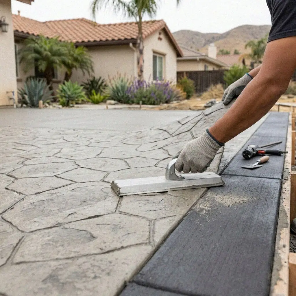 Hands lifting a slate texture mat off fresh colored concrete in Anaheim