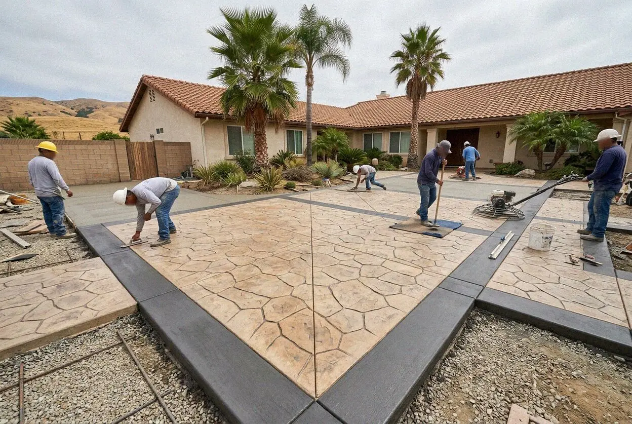 Crew pressing a flagstone stamp into a fresh patio slab at an Anaheim, CA home